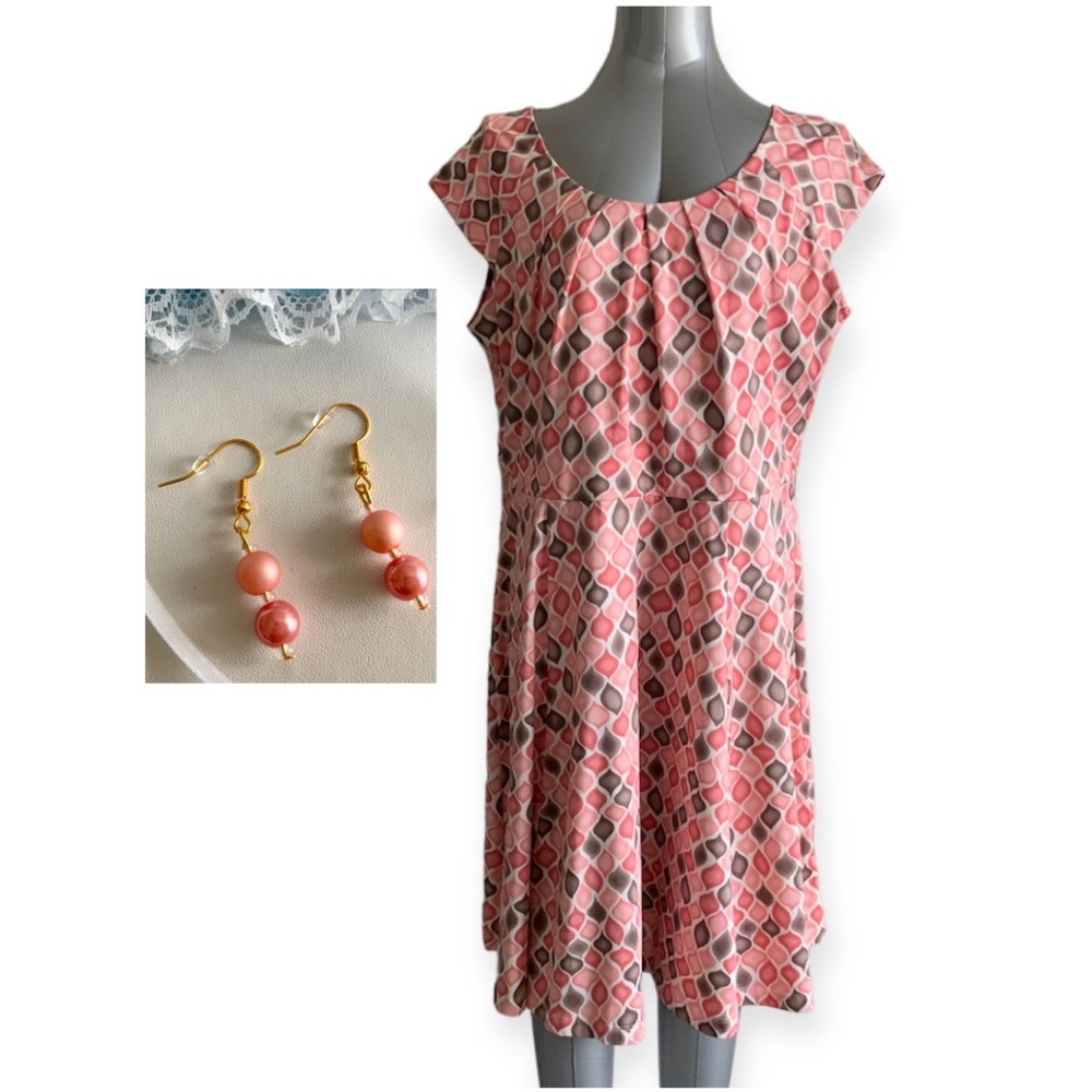 TAIFUN Barbie core Pink/Brown Stretch Dress Size XL & Handcrafted Earrings